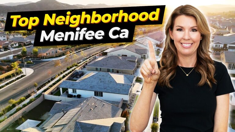 A woman points while smiling in front of suburban homes and mountains, promoting the top neighborhoods in Menifee, CA.