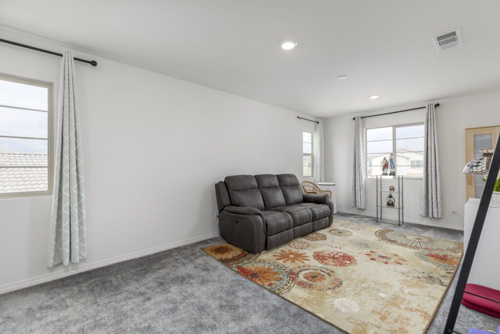 Bright, modern living room featuring a gray recliner, colorful area rug, and large windows with sheer curtains, enhancing natural light.