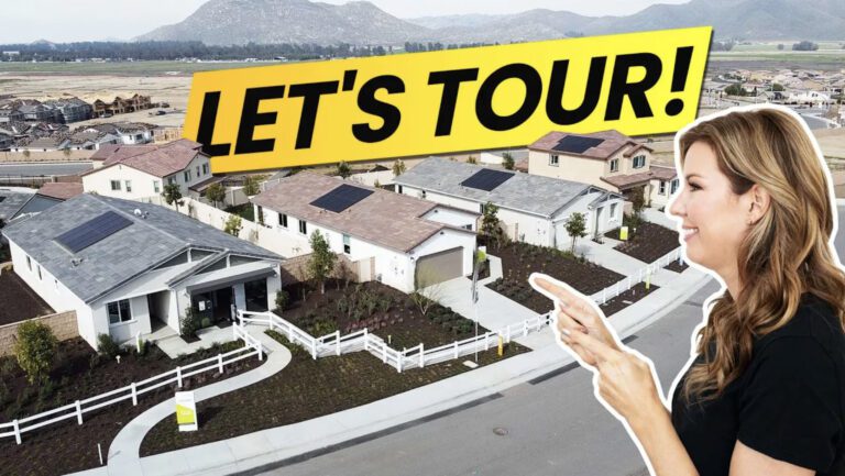 Woman gesturing excitedly towards a neighborhood, featuring new homes and solar panels, encouraging viewers to join a tour.
